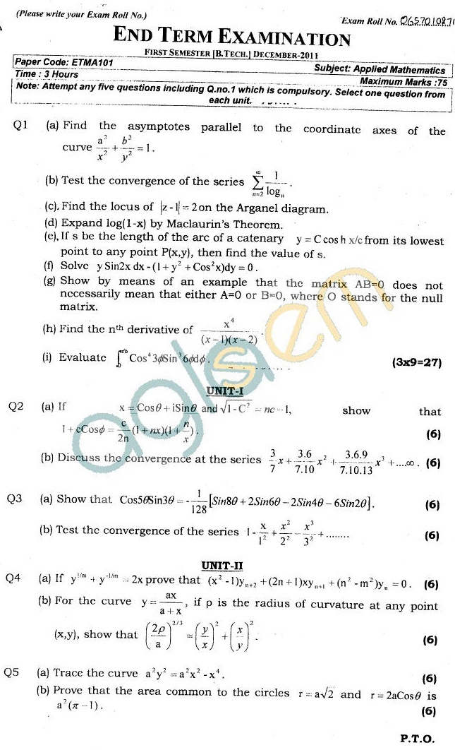GGSIPU Question Papers Third Semester  End Term 2011  ETMA-101