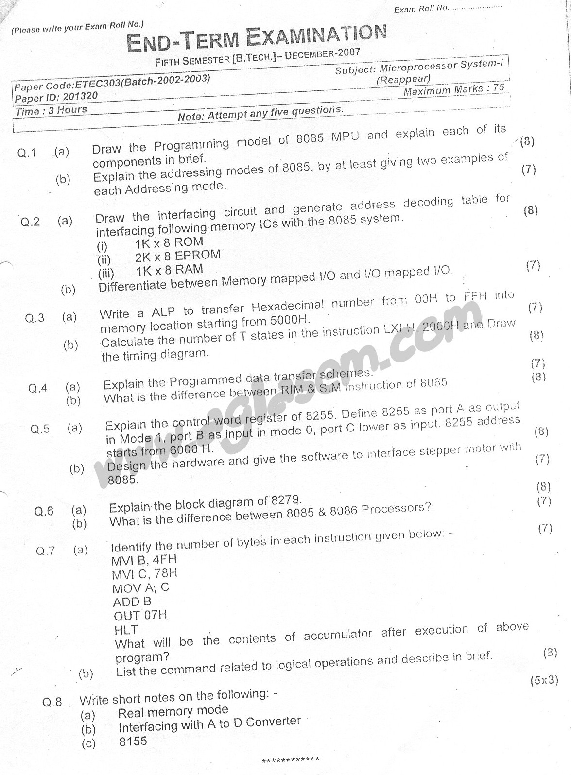 GGSIPU Question Papers Fifth Semester – Second Term 2005 – ETEC-303