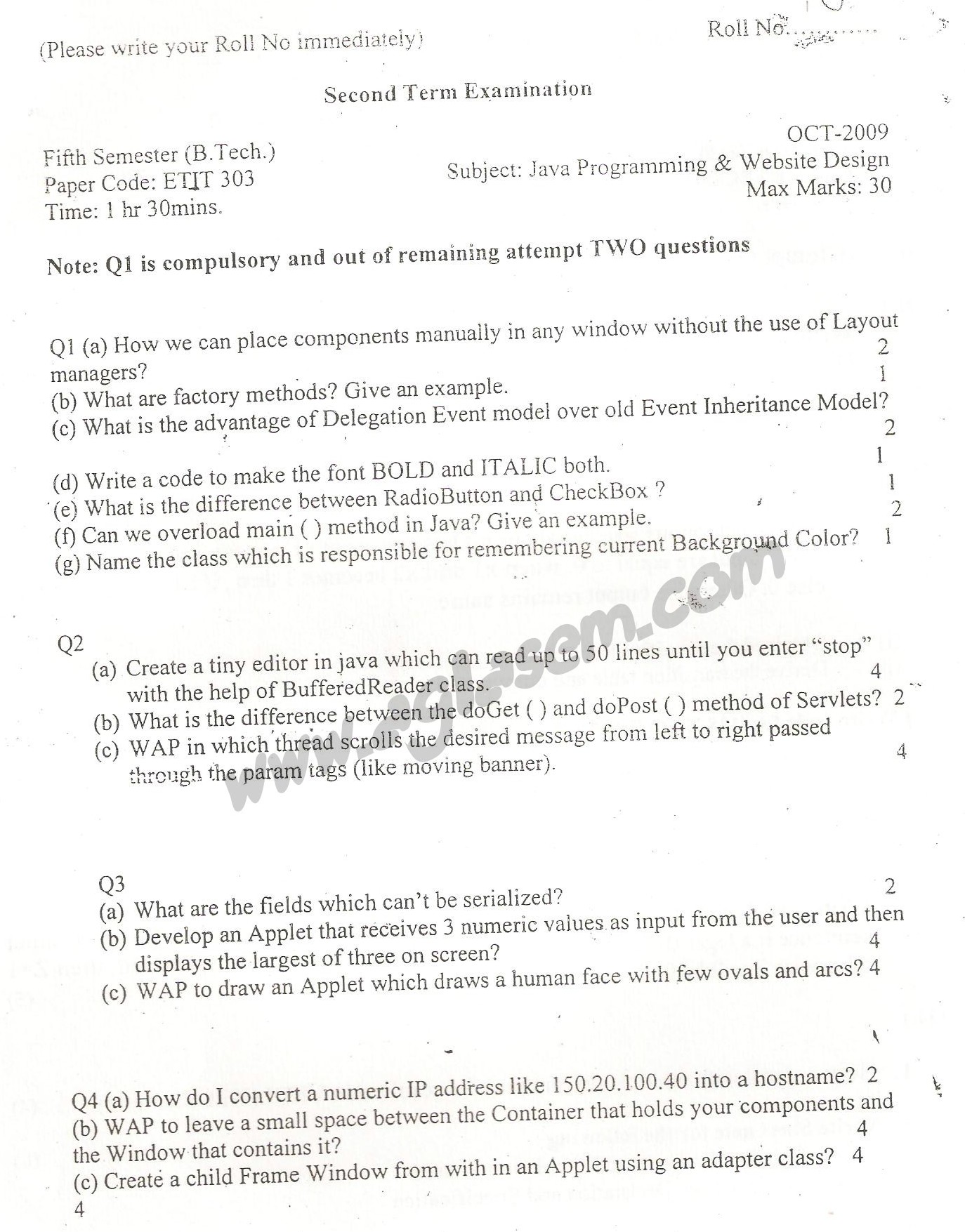 GGSIPU Question Papers Fifth Semester – Second Term 2009 – ETIT-303
