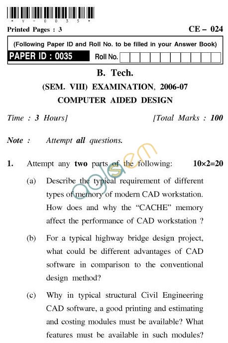 UPTU B.Tech Question Papers - CE-024-Computer Aided Design