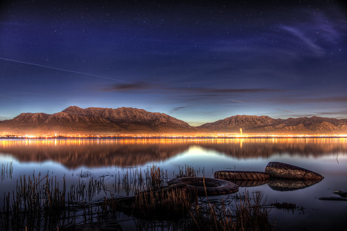 light sky lake snow mountains reflection reed water clouds sunrise reeds stars landscape lights daylight utah nikon smoke low jet saratogasprings tires trail rockymountains shallow coming nikkor capped tops hdr provo approaching orem lindon eaglemountain 2470mm d600 utahcounty