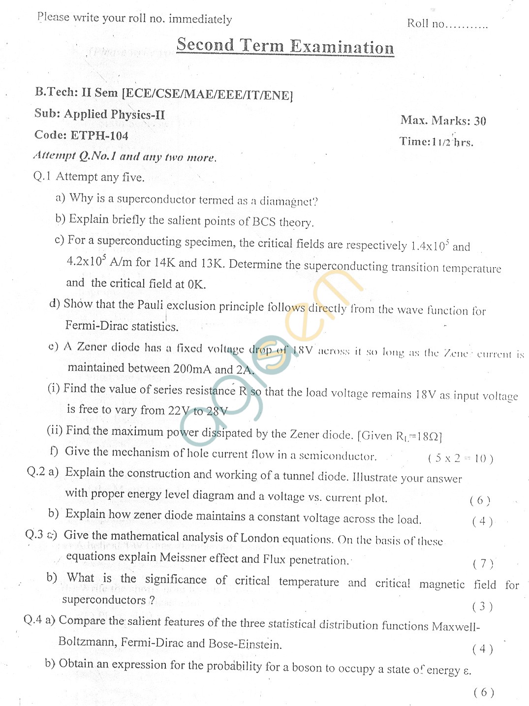 GGSIPU Question Papers Second Semester  Second Term 2006  ETPH-104