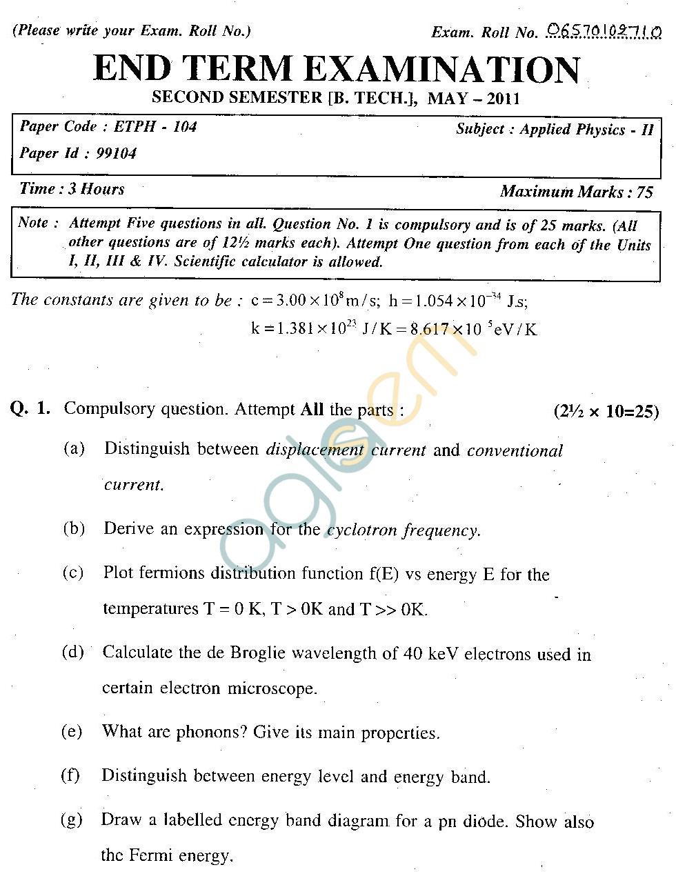 GGSIPU Question Papers Second Semester – end Term 2011 – ETPH -104