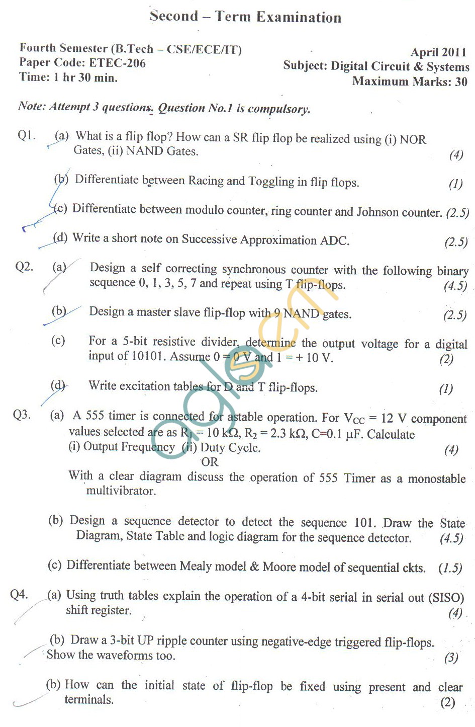 GGSIPU Question Papers Fourth Semester – Second Term 2011 – ETEC-206
