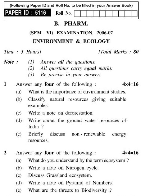 UPTU B.Pharm Question Papers PHAR-366 - Environment & Ecology