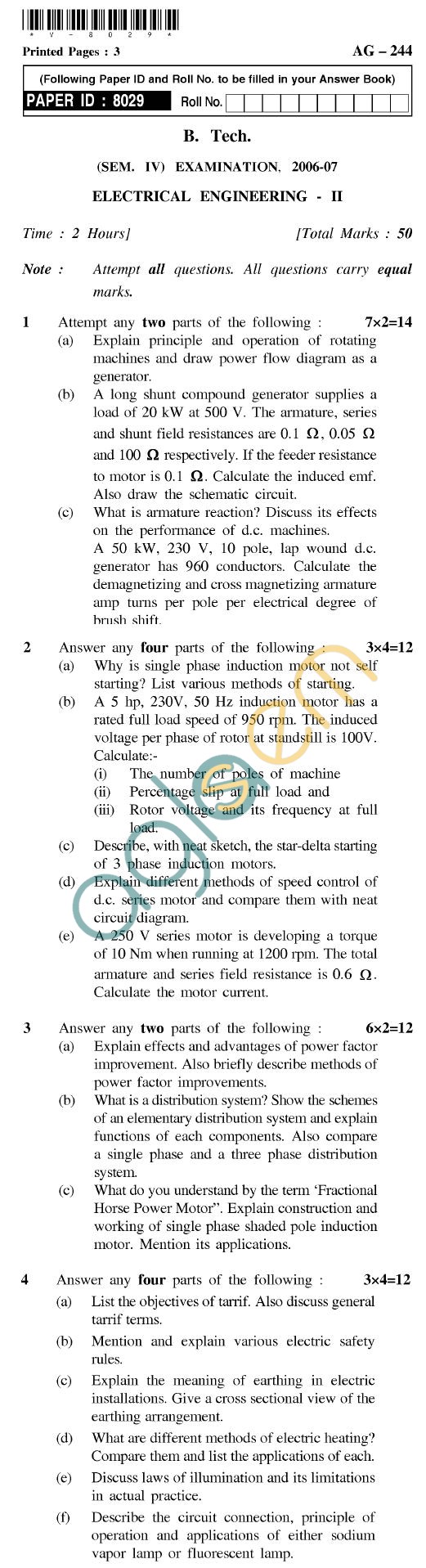 UPTU B.Tech Question Papers - AG-244 - Electrical Engineering-II