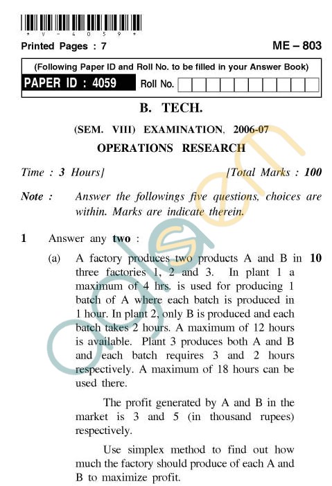 AKTU B.Tech Question Paper - ME-803 - Operations Research