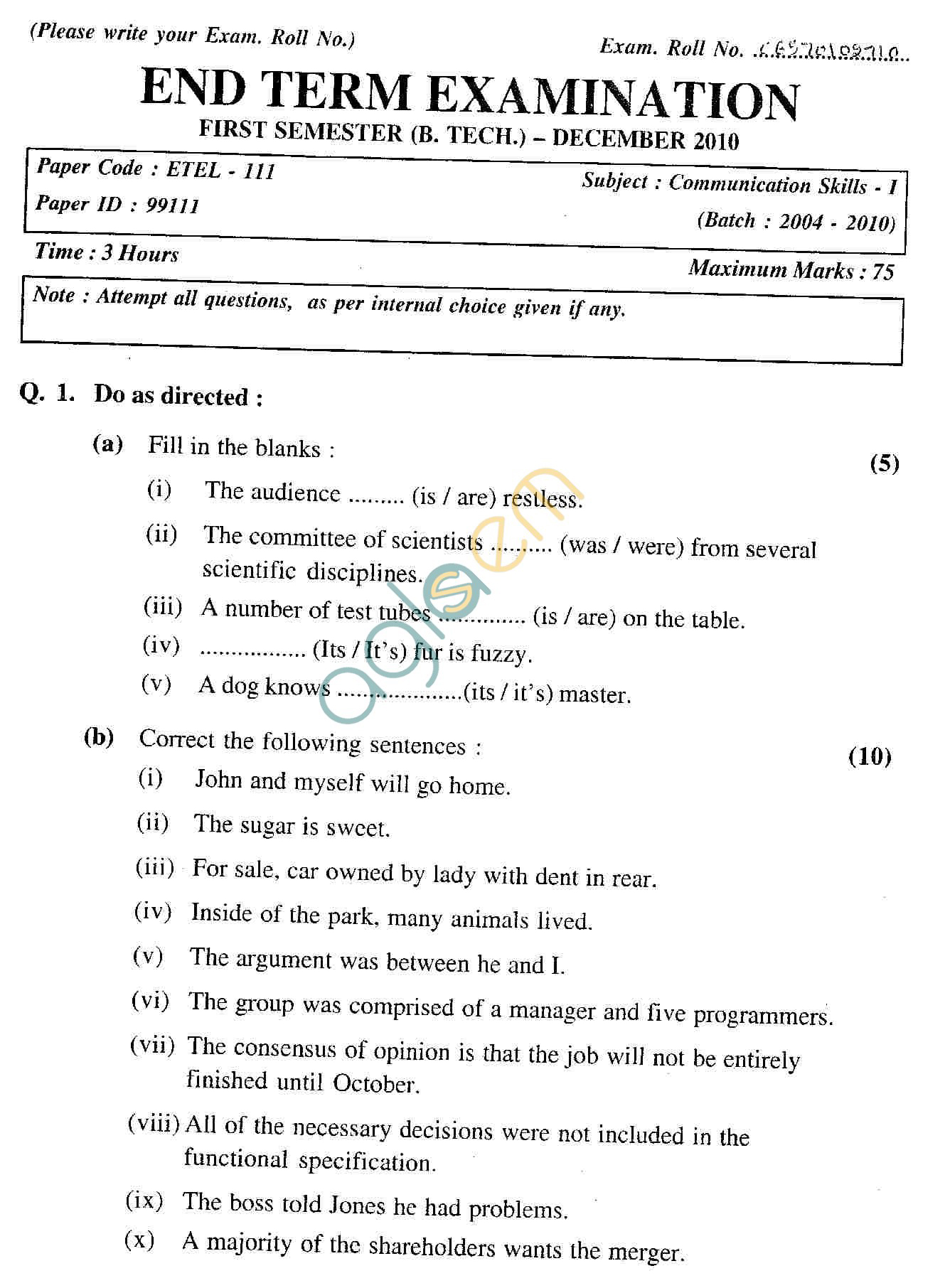 GGSIPU: Question Papers First Semester  Third Term 2010  ETEL-111