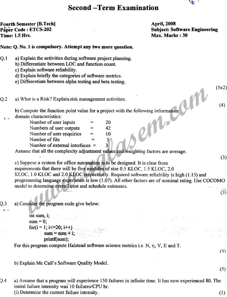 GGSIPU Question Papers Fourth Semester – Second Term 2008 – ETCS-202 