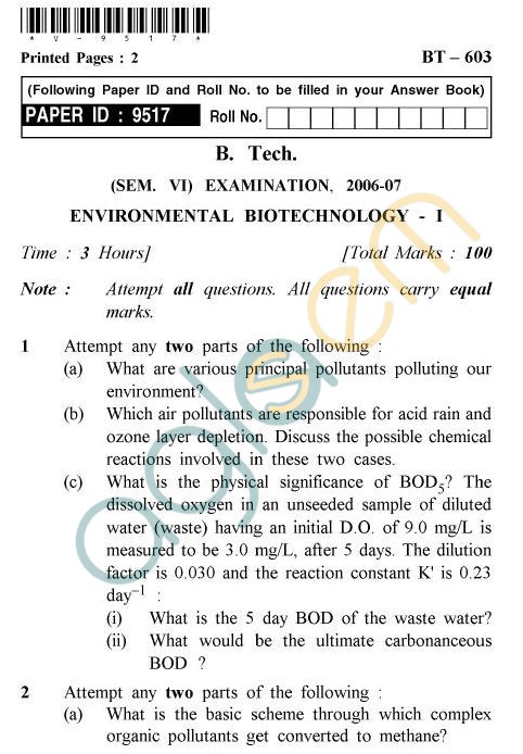 UPTU B.Tech Question Papers - BT-603 - Environmental Biotechnology-I
