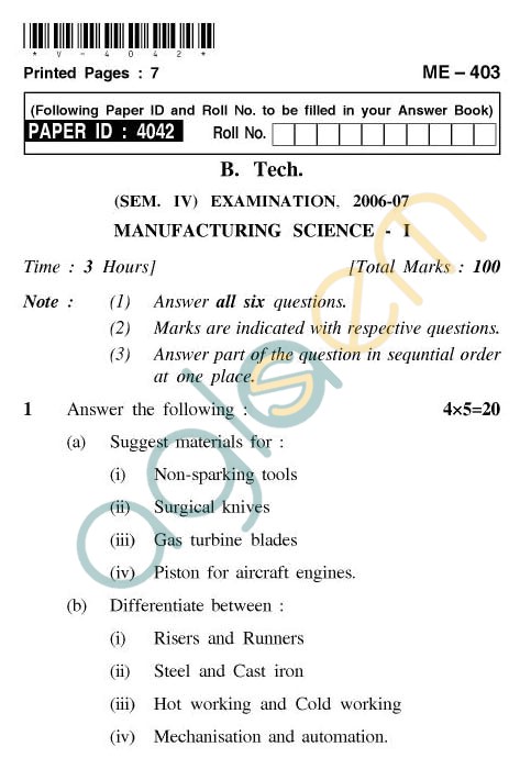AKTU B.Tech Question Paper - ME-403 - Manufacturing Science-I