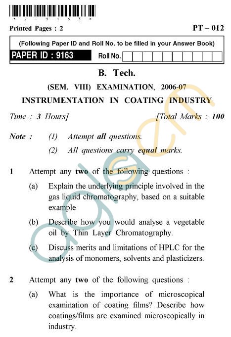UPTU B.Tech Question Papers - PT-012 - Instrumentation In Coating Industry