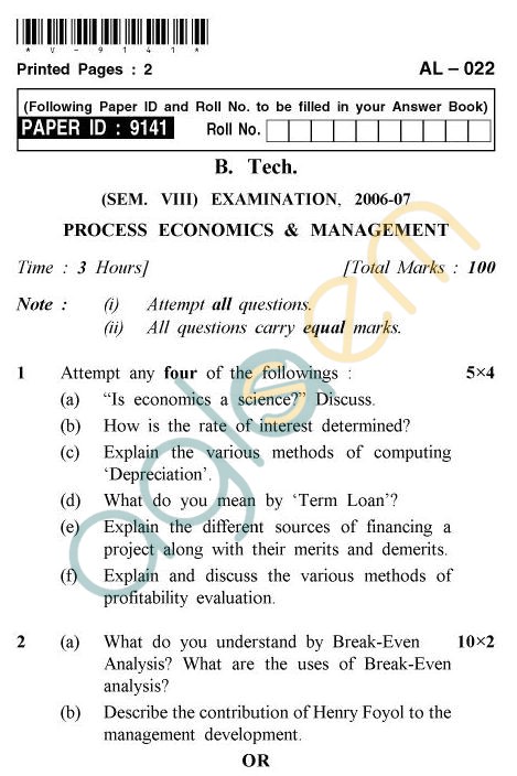 UPTU B.Tech Question Papers - AL-022 - Process Economics & Management