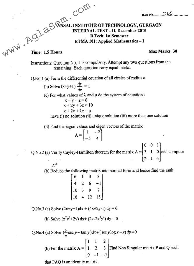 GGSIPU: Question Papers First Semester  Second Term 2010  ETMA-101