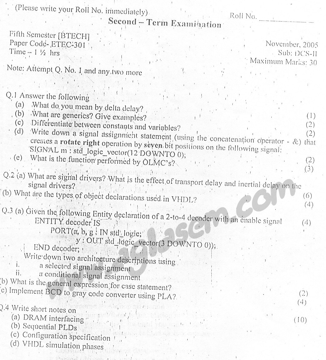 GGSIPU Question Papers Fifth Semester  Second Term 2005  ETEC-301