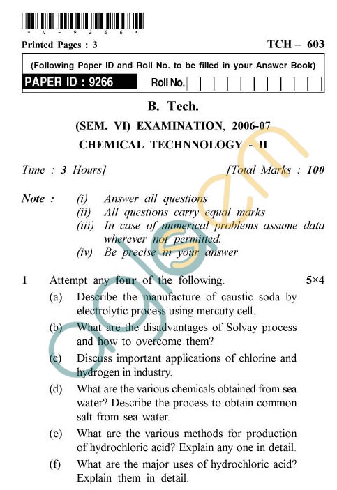 UPTU: B.Tech Question Papers - TCH-603 - Chemical Technology-II