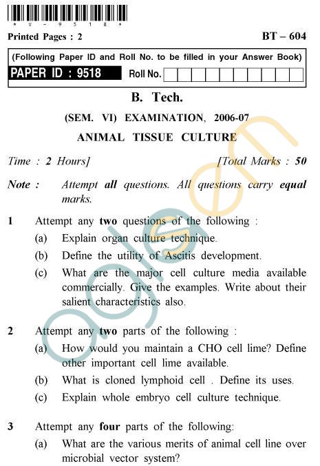 UPTU:  Question Papers - BT-604 - Animal Tissue Culture