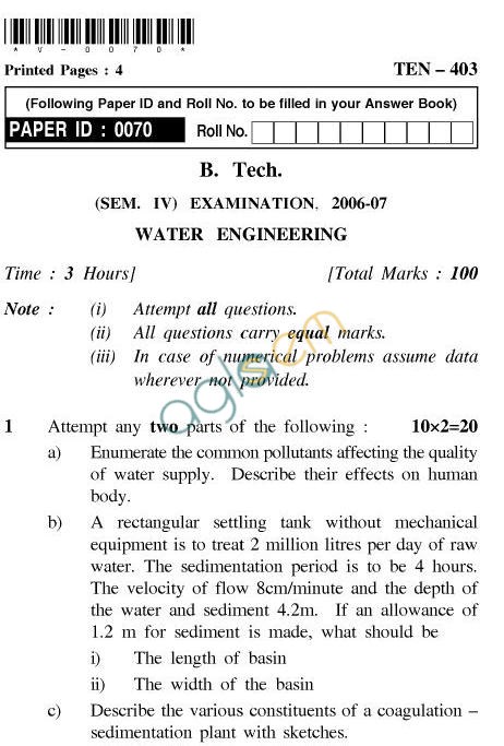 UPTU B.Tech Question Papers - TEN-403-Water Engineering