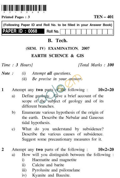 UPTU B.Tech Question Papers - TEN-401-Earth Science & GIS