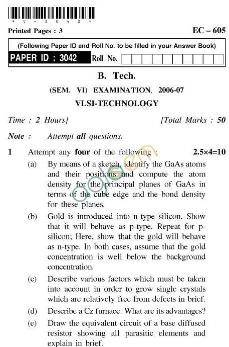 UPTU B.Tech Question Papers - EC-605-VLSI-Technology