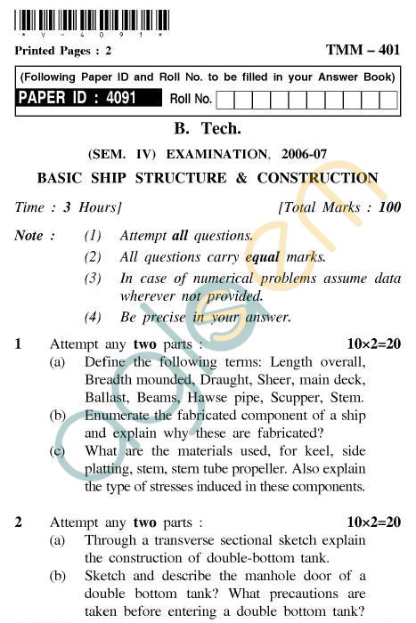 UPTU B.Tech Question Papers - TMM-401 - Basic Ship Structure & Construction