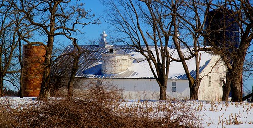 blue trees winter white snow wisconsin barn rural canon tile farm steel country farming scene silo cupola silos wi whitebarn mounthoreb harvestore t2i