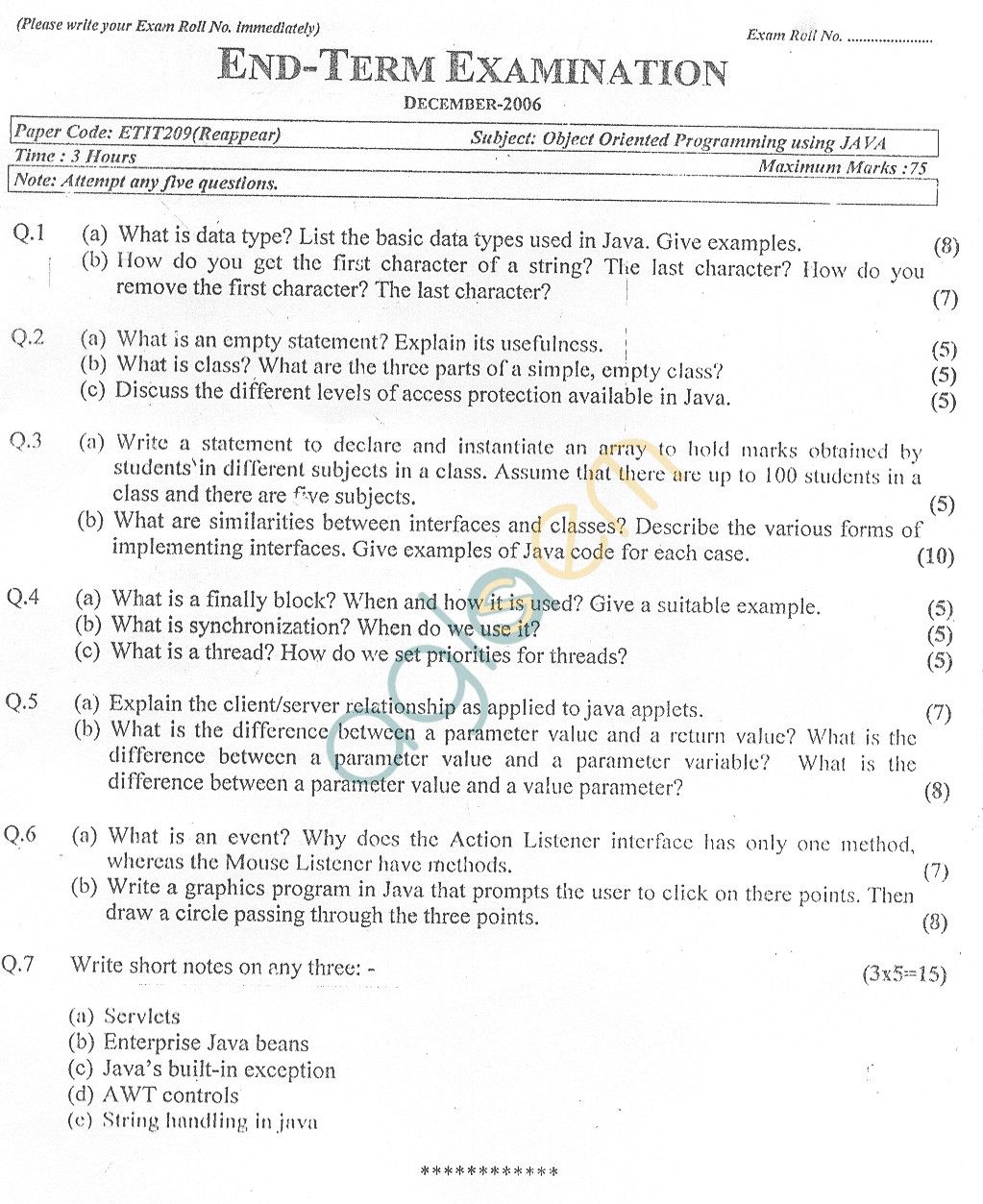 GGSIPU Question Papers Third Semester – End Term 2006 – ETIT-209