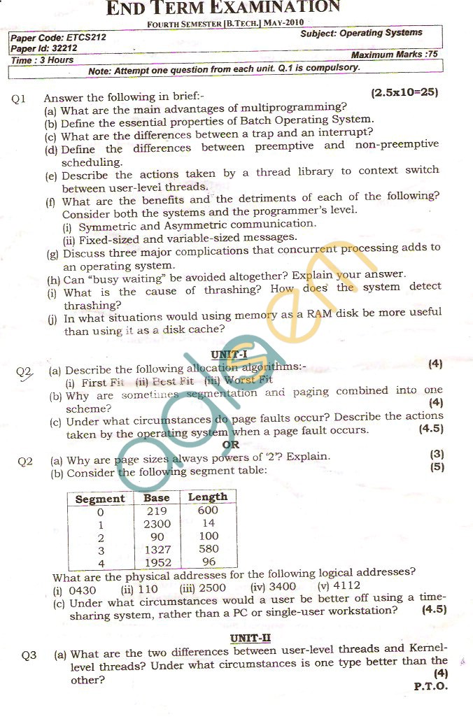 GGSIPU Question Papers Fourth Semester – End Term 2010 – ETCS-212