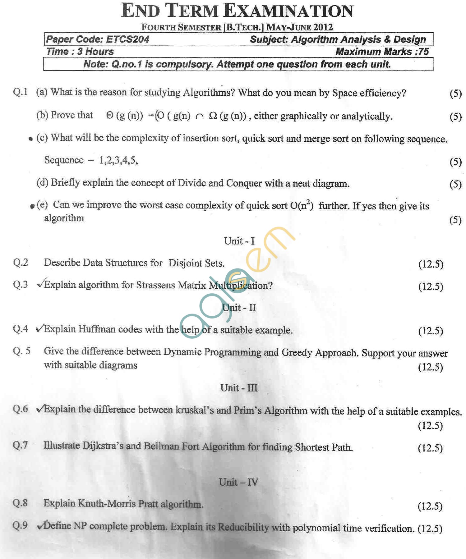 GGSIPU Question Papers Fourth Semester – end Term 2012 – ETCS-204