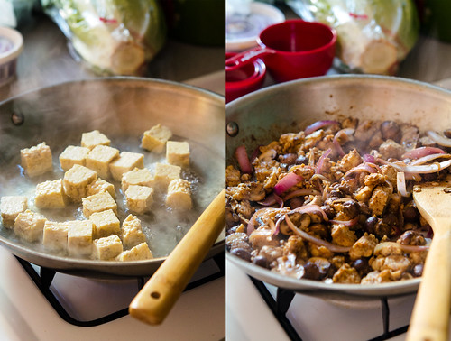 Left pic: simmering tempeh, right pic: sautéing onions, mushrooms and tempeh