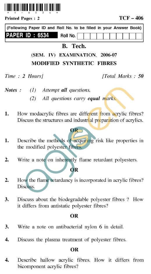 UPTU B.Tech Question Papers - TCF-406 - Modified Synthetic Fibres