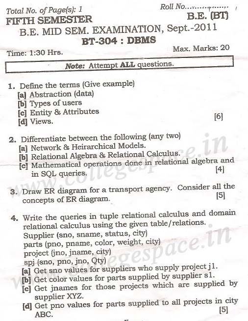 NSIT Question Papers 2011  5 Semester - Mid Sem - BT-304