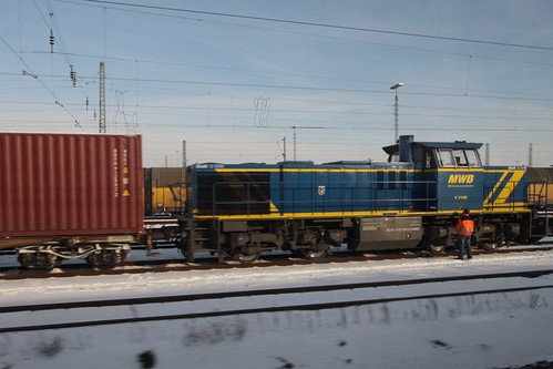 Mittelweserbahn GmbH (MWB) locomotive V2105 shunts a freight yard outside Regensburg