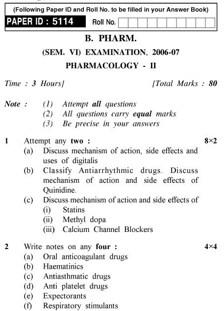 UPTU B.Pharm Question Papers PHAR-363 - Pharmacology-II