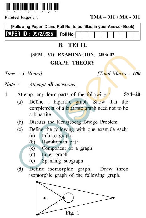 UPTU B.Tech Question Papers - TMA-011/MA-011 - Graph Theory