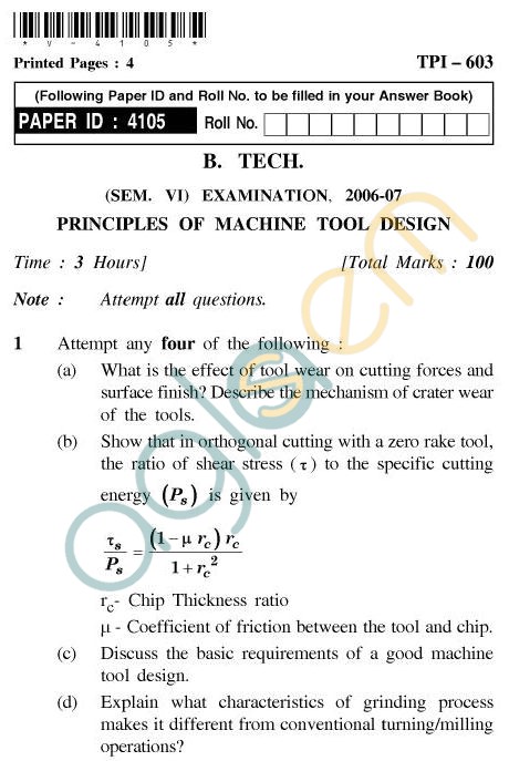 UPTU B.Tech Question Papers - TPI-603 - Principles of Machine Tool Design