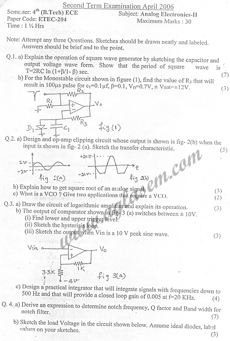GGSIPU Question Papers Fourth Semester – Second Term 2006 – ETEC-204