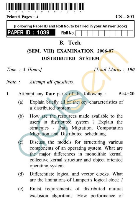 UPTU B.Tech Question Papers - CS-801 - Distributed System