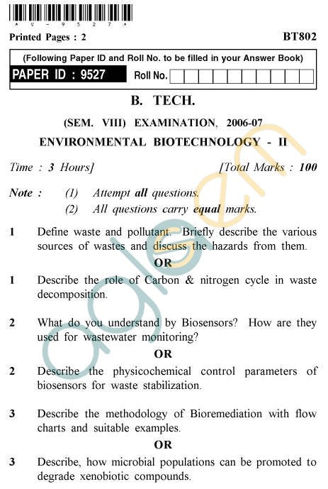 UPTU B.Tech Question Papers - BT-802 - Environmental Biotechnology-II