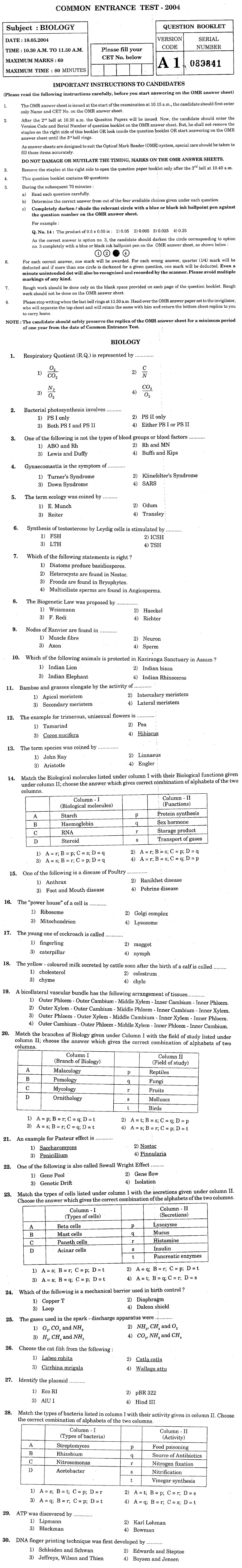 KCET 2004 Question Paper - Maths