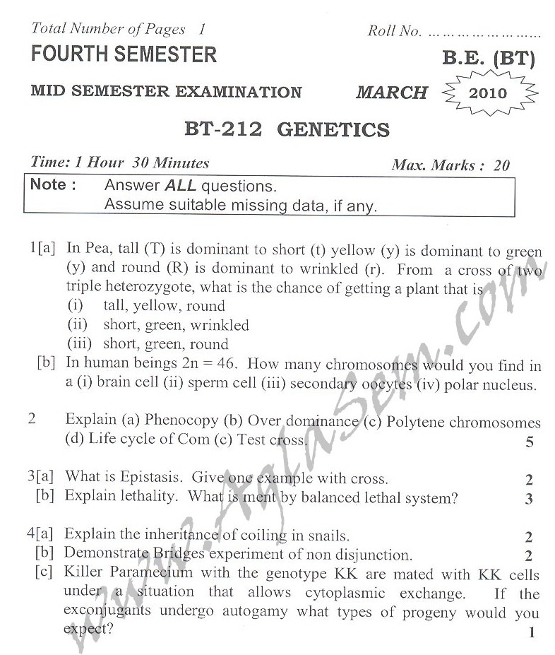 DTU Question Papers 2010  4 Semester - Mid Sem - BT-212