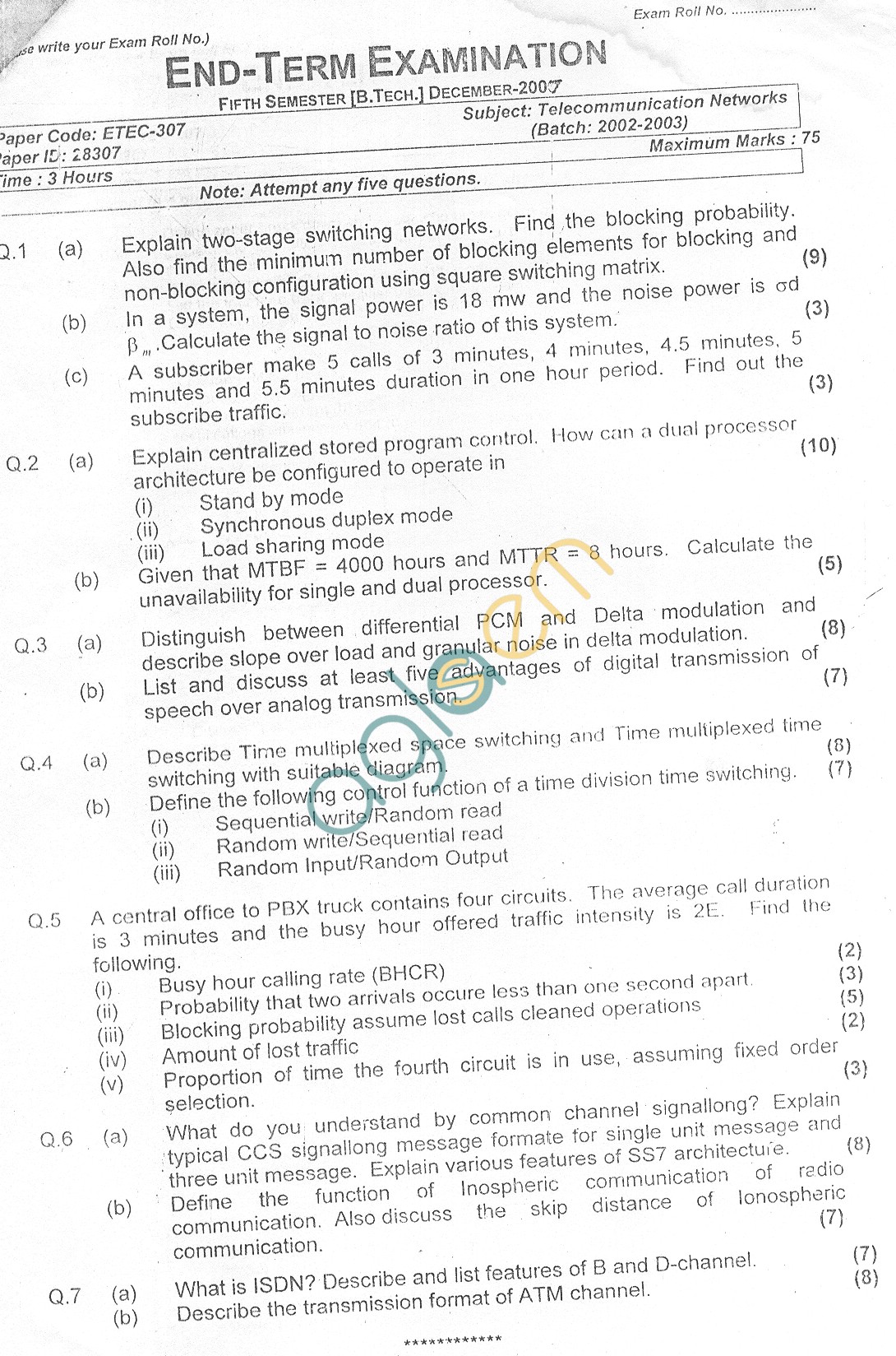 GGSIPU Question Papers Fifth Semester  end Term 2007  ETEC-307