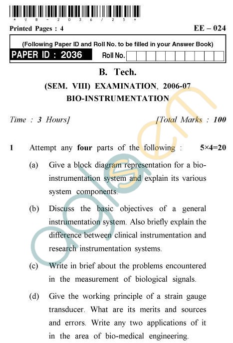 UPTU B.Tech Question Papers - EE-024 - Bio-Instrumentation