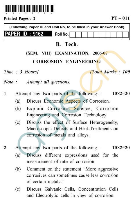 UPTU B.Tech Question Papers - PT-011 - Corrosion Engineering