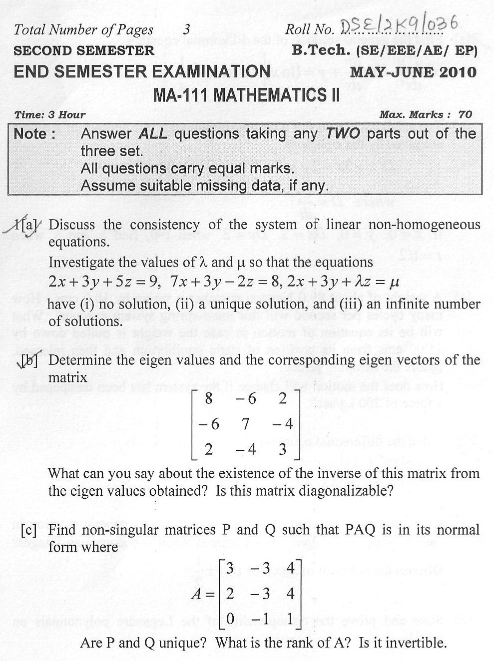 DTU Question Papers 2010 – 2 Semester - End Sem - MA-111