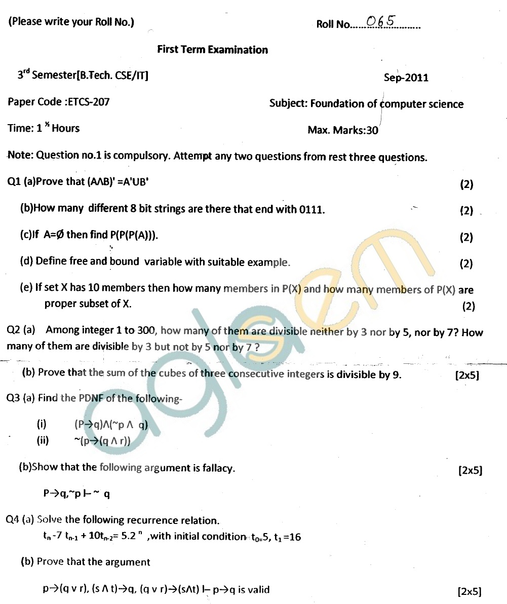 GGSIPU Question Papers Third Semester  First Term 2011  ETCS-207