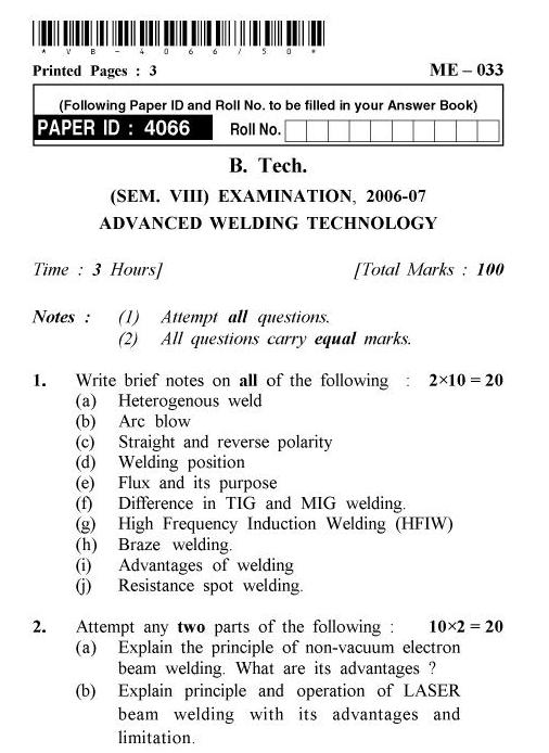 UPTU B.Tech Question Papers - ME-033 - Advanced Welding Technology