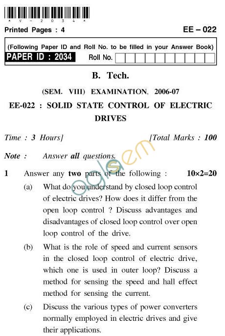 UPTU B.Tech Question Papers - EE-022-Solid State Control of Electric Drives