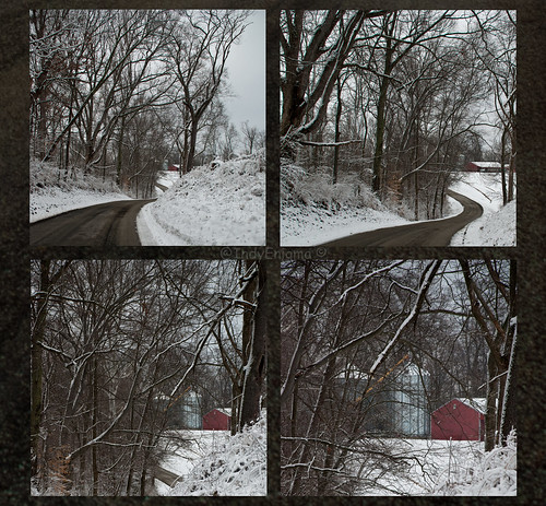 road trees winter red snow building landscape farm indiana quadtych d80