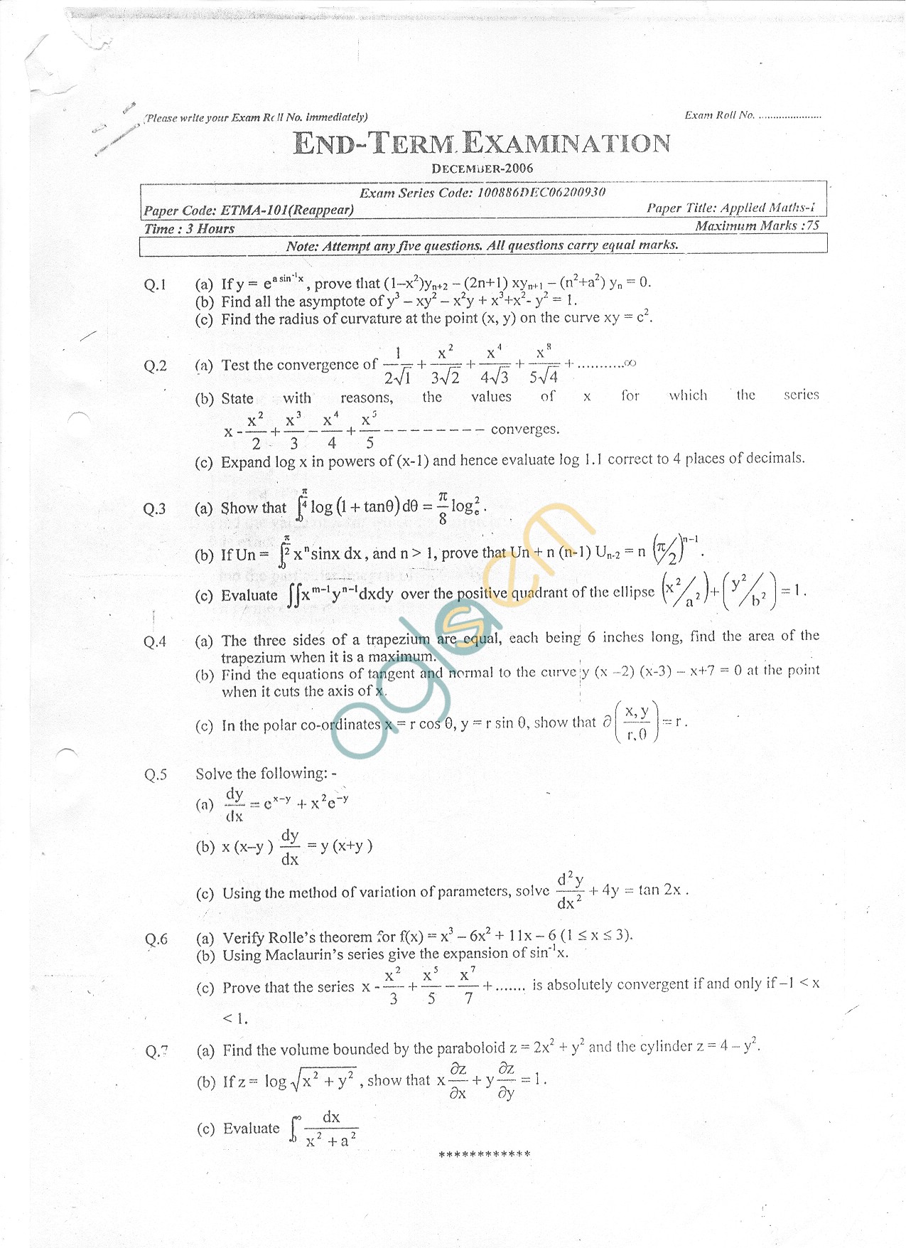 GGSIPU: Question Papers First Semester – end Term 2006 – ETMA-101